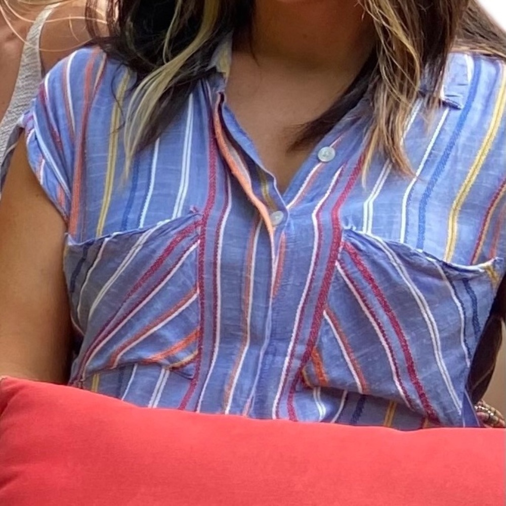 BP Nordstrom Tie Front Chambray Striped Short Sleeve Blouse - Picture 4 of 12